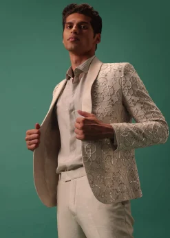 Off White Heavy Hand Embroidered Tuxedo Suit In Dola Silk