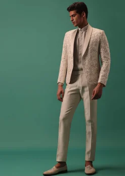 Off White Heavy Hand Embroidered Tuxedo Suit In Dola Silk