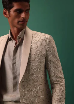 Off White Heavy Hand Embroidered Tuxedo Suit In Dola Silk