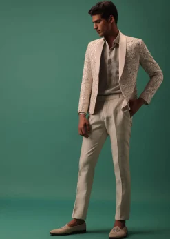 Off White Heavy Hand Embroidered Tuxedo Suit In Dola Silk