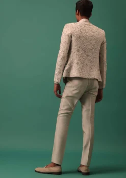 Off White Heavy Hand Embroidered Tuxedo Suit In Dola Silk