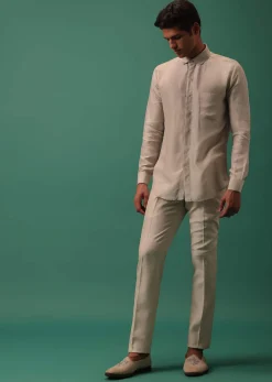 Off White Heavy Hand Embroidered Tuxedo Suit In Dola Silk