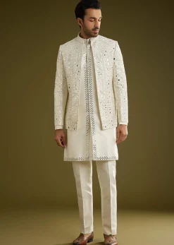 Off White Indo Western Set With Mirror And Thread Work On Silk