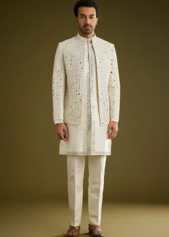 Off White Indo Western Set With Mirror And Thread Work On Silk