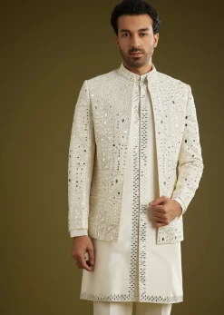 Off White Indo Western Set With Mirror And Thread Work On Silk