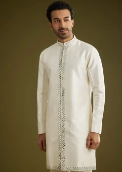 Off White Indo Western Set With Mirror And Thread Work On Silk