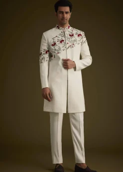 Off White Indowestern With Hand Embroidered Bird And Floral Pattern