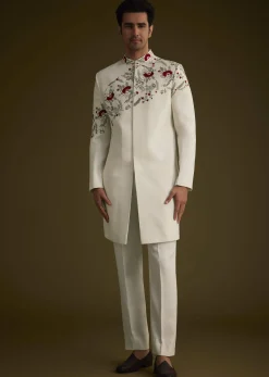 Off White Indowestern With Hand Embroidered Bird And Floral Pattern