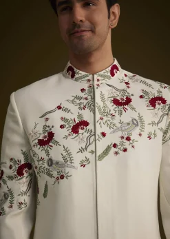 Off White Indowestern With Hand Embroidered Bird And Floral Pattern