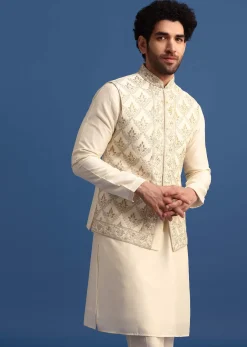 Off White Kurta Jacket Set With Zari Embroidery For Men