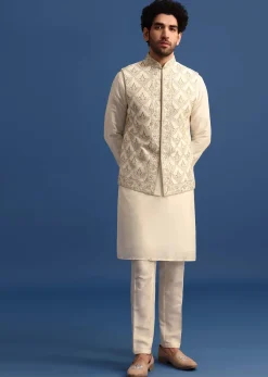 Off White Kurta Jacket Set With Zari Embroidery For Men