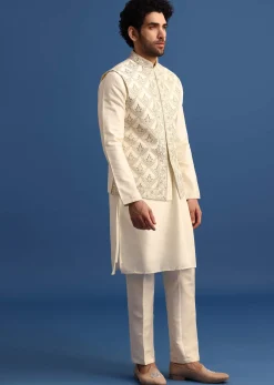 Off White Kurta Jacket Set With Zari Embroidery For Men