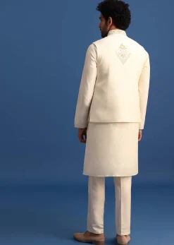 Off White Kurta Jacket Set With Zari Embroidery For Men
