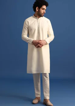 Off White Kurta Jacket Set With Zari Embroidery For Men