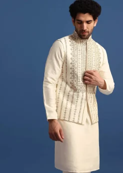 Off White Kurta Jacket Set With Zari Work And Mirror Embroidery For Men