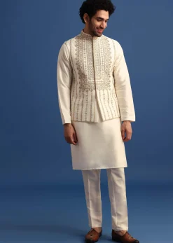 Off White Kurta Jacket Set With Zari Work And Mirror Embroidery For Men