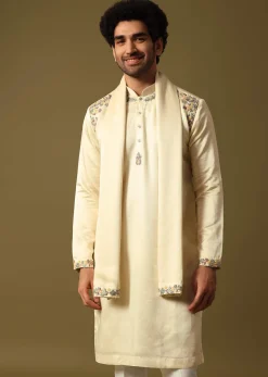 Off White Kurta Pant Set With Dupatta In Resham Work