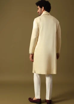Off White Kurta Pant Set With Dupatta In Resham Work