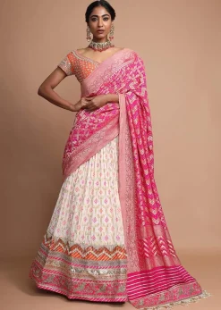 Off White Lehenga With Bandhani Print, Weaved Design And Heavy Gotta Work Border