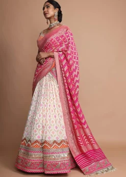 Off White Lehenga With Bandhani Print, Weaved Design And Heavy Gotta Work Border