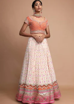 Off White Lehenga With Bandhani Print, Weaved Design And Heavy Gotta Work Border