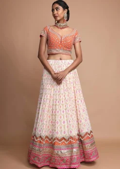 Off White Lehenga With Bandhani Print, Weaved Design And Heavy Gotta Work Border