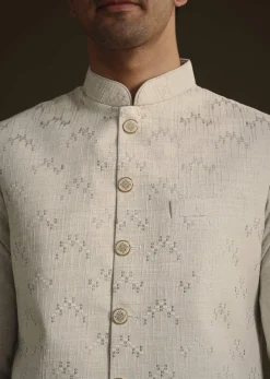 Off White Linen Kurta Set With Resham And Sequin Work