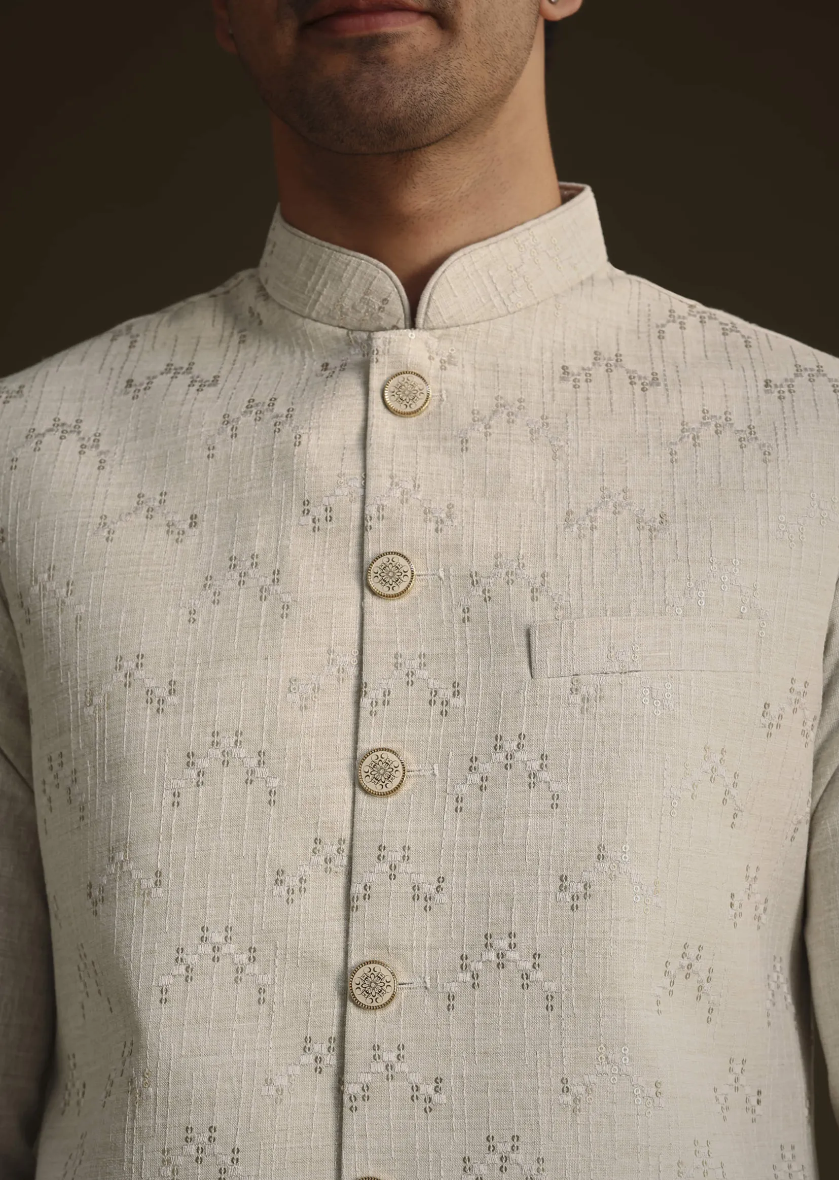 Off White Linen Kurta Set With Resham And Sequin Work