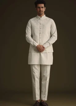 Off White Linen Kurta Set With Resham And Sequin Work