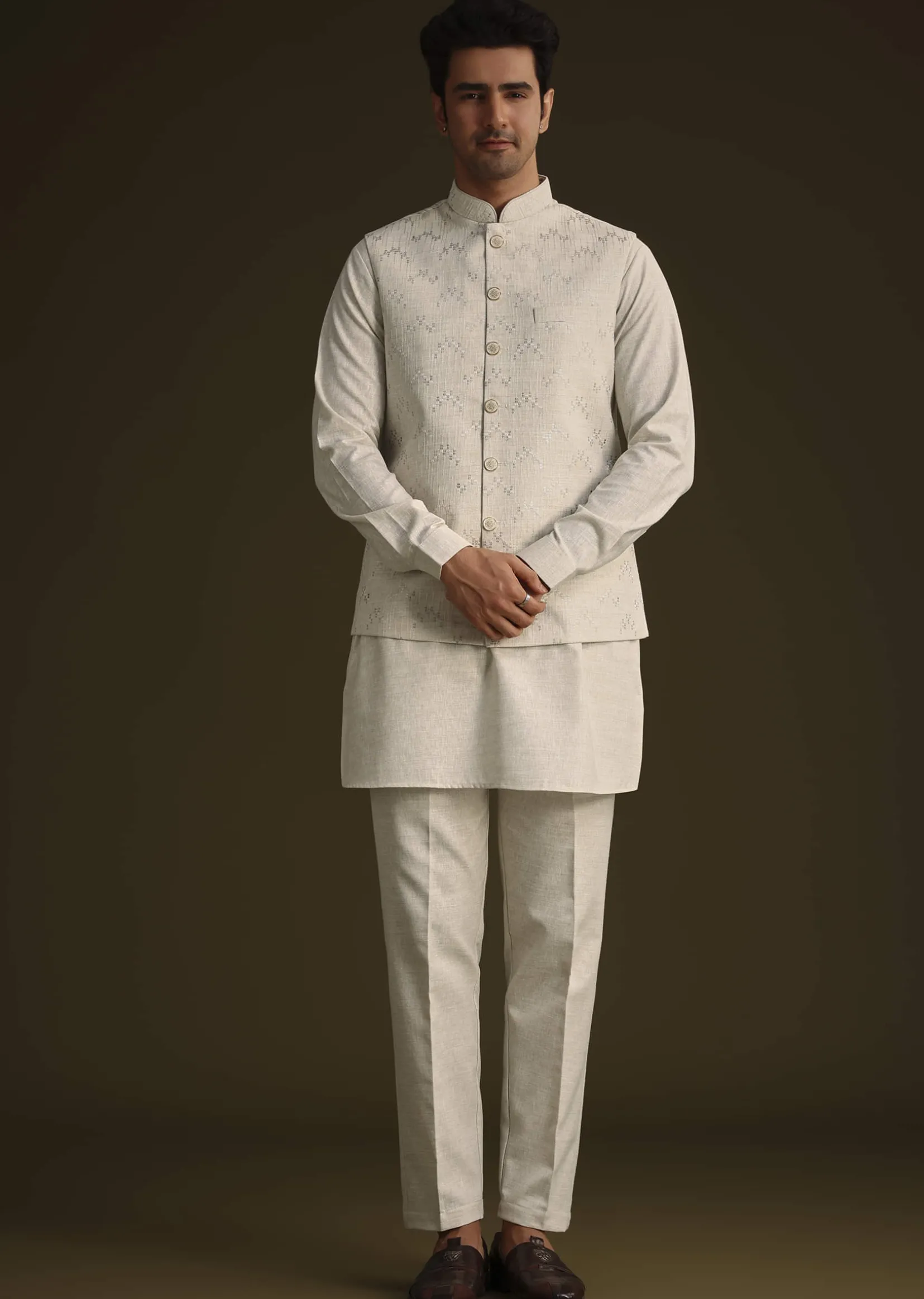 Off White Linen Kurta Set With Resham And Sequin Work
