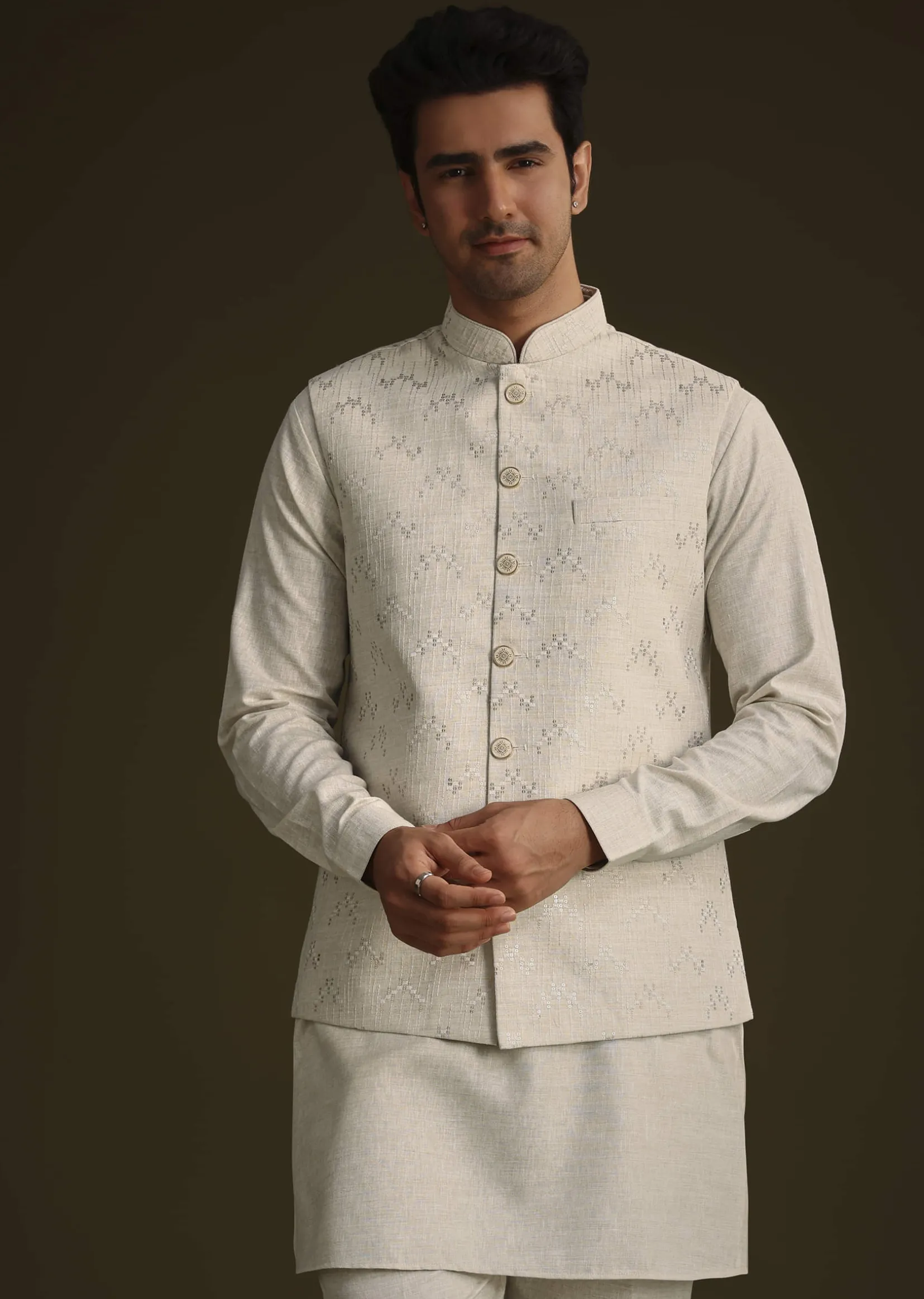 Off White Linen Kurta Set With Resham And Sequin Work