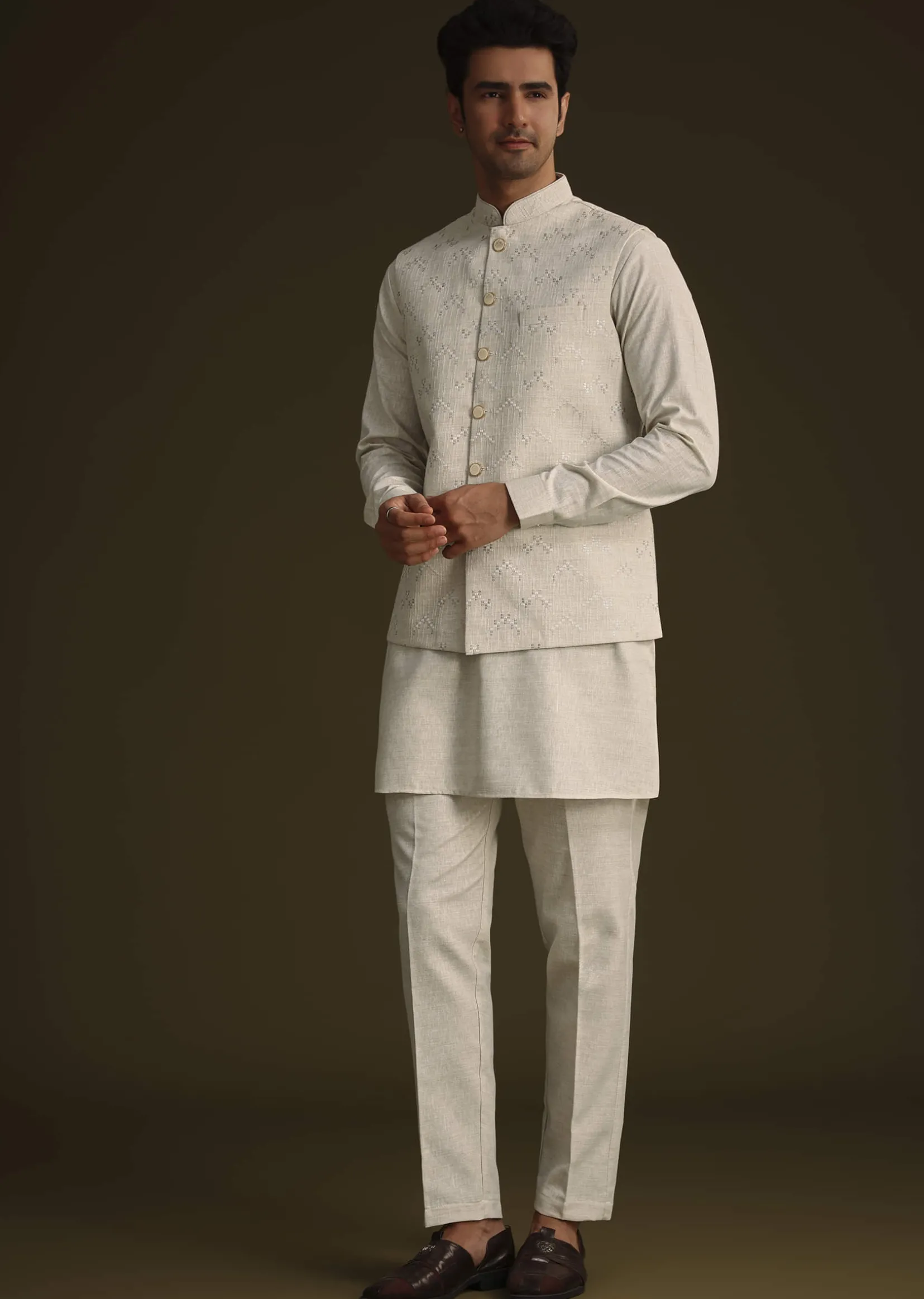 Off White Linen Kurta Set With Resham And Sequin Work