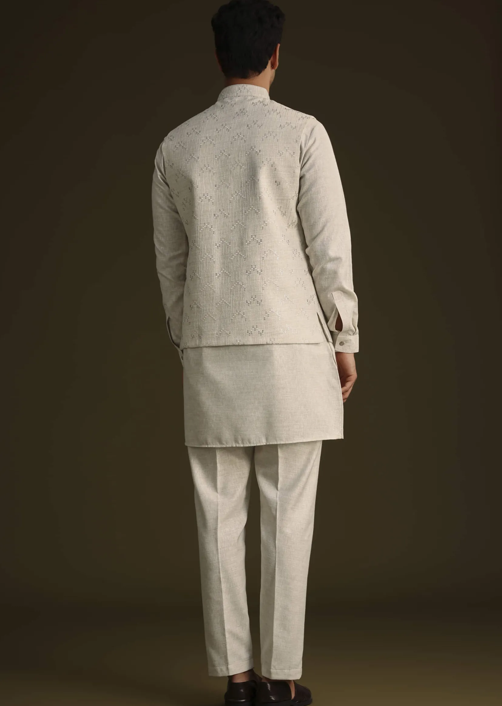Off White Linen Kurta Set With Resham And Sequin Work