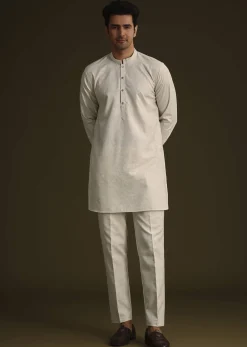 Off White Linen Kurta Set With Resham And Sequin Work