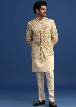 Off White Linen Satin Embroidered Jacket And Kurta Set
