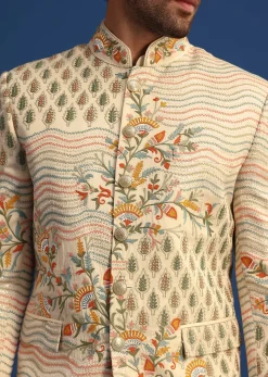 Off White Linen Satin Embroidered Jacket And Kurta Set