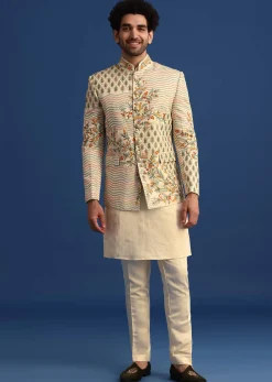 Off White Linen Satin Embroidered Jacket And Kurta Set