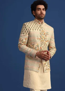 Off White Linen Satin Embroidered Jacket And Kurta Set