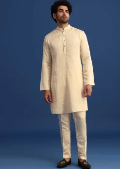 Off White Linen Satin Embroidered Jacket And Kurta Set