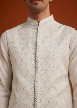 Off White Linen Silk Jacket Set With Zari And Mirror Work