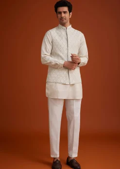 Off White Linen Silk Jacket Set With Zari And Mirror Work
