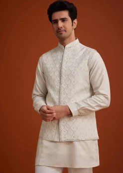 Off White Linen Silk Jacket Set With Zari And Mirror Work