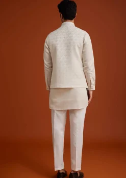 Off White Linen Silk Jacket Set With Zari And Mirror Work