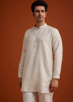 Off White Linen Silk Jacket Set With Zari And Mirror Work