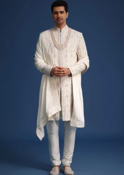 Off White Lucknowi Sherwani Set With Sequin Work