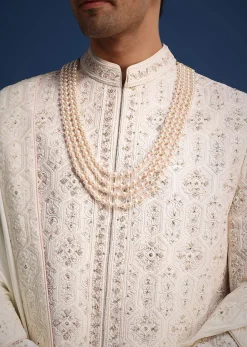 Off White Lucknowi Sherwani Set With Sequin Work