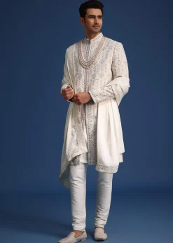 Off White Lucknowi Sherwani Set With Sequin Work