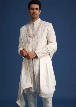 Off White Lucknowi Sherwani Set With Sequin Work