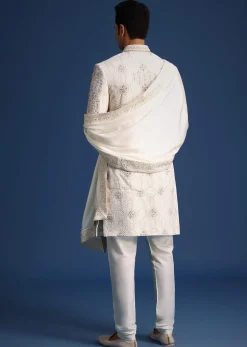 Off White Lucknowi Sherwani Set With Sequin Work