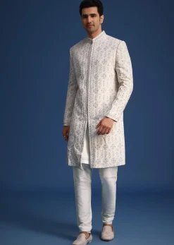 Off White Lucknowi Sherwani Set With Sequin Work